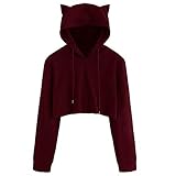 EUZeo Kapuzenpullover Damen Langarm Frauen Hohem Kragen Feste Hoodie Sweatshirt Pullover Bluse Tops Mantel Cropped Einfarbig Katzenohren Kapuzenpulli