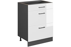 Vicco Mueble bajo de Cocina R-Line, Blanco Alto Brillo/Antracita, 60 cm con cajones, sin encimera
