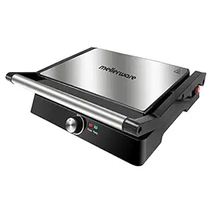 Mellerware Panini Grill Sandwich Maker 2200Watt - MWPG 01 with Adjustable Thermostat Control & 180 Degree Opening |Non-stick coated plates|Big Size to Fit 4-Slice Bread, (Black/ Silver), Small