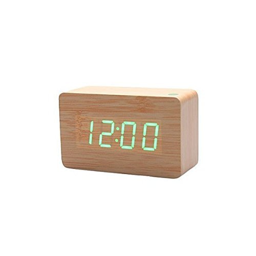 Asueel Châtain Bois Temps alarme de température Lumière LED Horloge de bureau en bambou Thermomètre Horloge avec Sound Control
