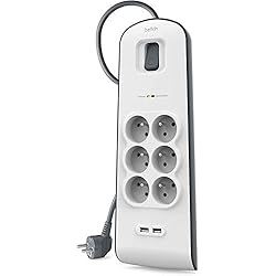 Belkin - BSV604ca2M - Multiprise/Parafoudre 6 Prises avec 2 Ports USB Intégrés - Cordon de 2m - Blanc (Protection jusqu'à 650 joules)