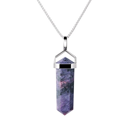 Franki BakerSterling Silver Lilac Natural Charoite Gemstone Double Point Pendant Necklace. Length:50 cm