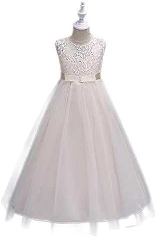 Girls High-Waist Long Dress Tiara Included with Lace Flower Perfect or Bridesmaid Party Princess Prom Wedding Christening 5-10 Years (Cream, 7-8 Years)