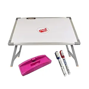 Maruti Wood Laminated Multi Purpose Foldable Laptop Study Table with 2 Marker Pen and 1 Duster and White Board, Paper Holding Clip ( Silver Border )