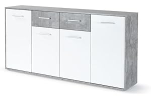 ‎FORTE Forte ANTUZA Moderne Kommode 160 170, weißes Sideboard mit 4 Türen und 2 Schubladen, Holzwerkstoff, Betonoptik hellgrau/Weiß, 162,3 cm breit x 88,1 cm hoch x 34,2 cm tief