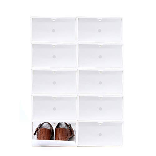 Sinbide 10 x Cajas de Zapatos Transparente Plástico, Organizador de Zapatos para Hombres y Mujeres, Impermeable, Ahorro de Espacio, Plegable 34 * 22 * 13cm (Blanco)