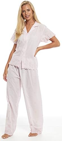 Ladies Summer Pyjamas Pale Pink Short Sleeve Traditional Collar Buttoned Shirt Full Length Embroidered
