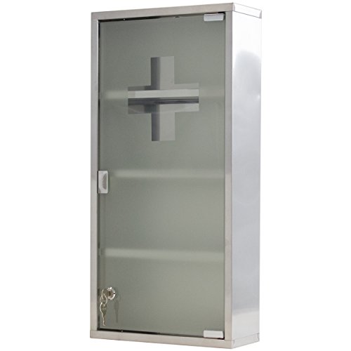 Oxid7® Medizinschrank Arzneischrank Erste Hilfe Schrank 30 x 13 x 60 cm – mit 4 Fächern und Glas-Tür zum Abschließen mit 2 Schlüsseln für kindersichere Medikamenten Lagerung - 7