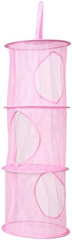 Cuteco Hanging Storage Net 3 Tiers Portable Foldable Mesh Bag Bedroom Wall Door Closet Kids Toys Organizer Laundary Basket Hanging Shelves Pockets (Pink)