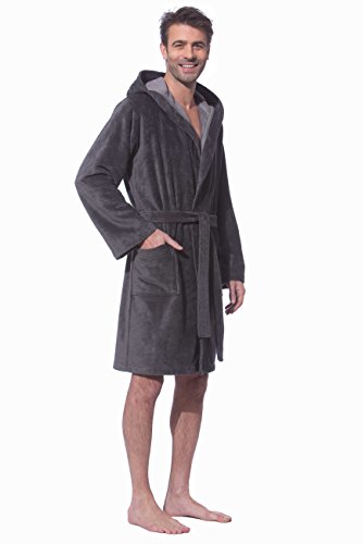 Morgenstern, Herren Kurz-Bademantel, mit Kapuze, Gr. M, anthrazit ( dunkel grau) , Größen S bis XL verfügbar, Außenseite kuschelige Microfaser Innenseite saugstarke Baumwolle ( Frottee ) - 2