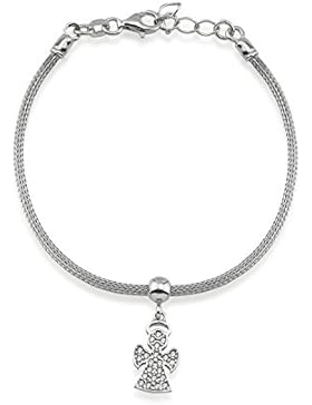 LUXIORO Damen Armband mit Engel-Charm rhodiniert in 925 Sterling Silber 18+2cm 22 weiße Zirkone 100064
