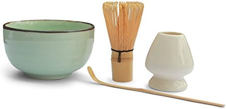 Matcha Tea Bowl Gift Set (4 Piece), Consisting Of Matcha Bowl - Mint Green, Matcha Bamboo Whisk, Ceramic Whisk Holder - White And Matcha Bamboo Spoon - Japanese Matcha Tea Ceremony Set