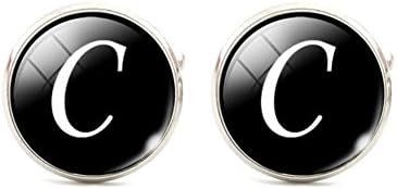 Fashion Jewelry Men Cufflinks Alphabet Single Letter Black Bottom Silver Plated Wedding Party Vintage 16mm Men Cuff Link , C