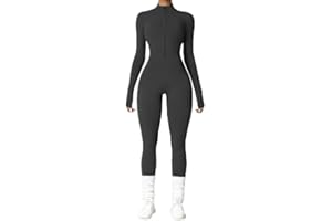 Litthing Women Yoga Jumpsuit Sports Romper Long Sleeve Unitard Stretchy Playsuit Ribbed Knit Zip Up Workout Outfit Slim Fit One Piece Bodysuit Fitness Sportswear Daily Wear