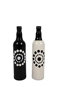 EAlma Hand Painted Bottle for Home Decor | Painted Glass Bottles Vases | Circle Dots Print Bottles for Decoration | Unique Decorative Bottle Vase for Office & Living Room | Black & White, Set of 2