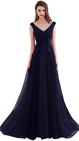 Tsygirls Women's Double V-Neck Formal Maxi Dress Tulle Appliques Long Evening Cocktail Gowns Size 8 Navy