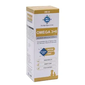 PET360 Omega 3+6 Concentrated Salmon Fish Oil with Vitamins, Minerals & Taurine, Advanced Skin & Coat Formula for Dogs & Cats 200 ml