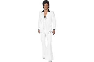 SMIFFY'S Smiffys 70s Suit Costume, White Jacket with Mock Shirt, Waistcoat & Trousers, 1970's Disco Fancy Dress, 1970s Dress Up Costumes