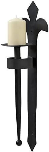 Black Iron Fleur de Lys Candle Sconce Glass Lantern Holder Wall Mounted