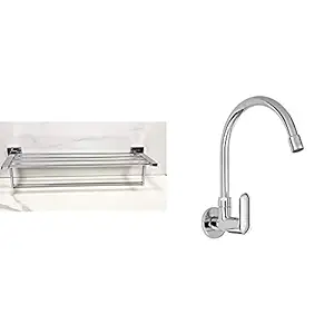 KOHLER Complementary Square Towel Shelf (Chrome Finish)+Kohler Kumin Wall Mounted Kitchen Faucet (Cold only) (99482IN-4-CP)