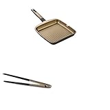 Aluminio fundido BRA Terra - Set de grill asador con rayas de 28 cm y pinzas de cocina doradas BRA Air, aluminio fundido con antiadherente Teflon Select