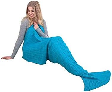 LOVELIFE STORE Mermaid Tail blanket, hand-knitted fish scale model Stay Warm Soft Air Condi sofa sleeping bag in adults (76.7-80.7 inch long, width 35.4 inch wide) (peacock blue)