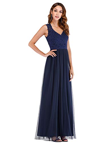 Ever-Pretty Col V Robe de Soirée Longue Femme en Dentelle A-Line Bleu Marine 46
