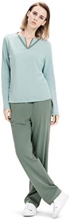HXQ Women Pajama Set 100% Cotton V collar Long Sleeves Leisure wear , green , s