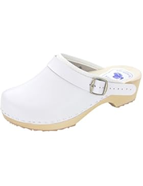 CLOGS Damen Pantoletten Holzclogs Leder Schuhe Geschlossen Holzsohle Bunte Farben