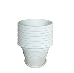 Meded Plastic Pots With Bottom Tray, White, 10 in, 9 Pieces