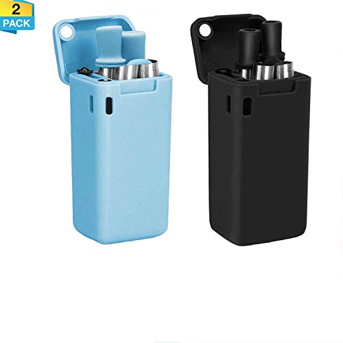 Pajita plegable, de Emater, de acero inoxidable de grado alimenticio, reutilizable, con estuche portátil y cepillo de limpieza, pajita de silicona plegable, 2 paquetes Black and Blue