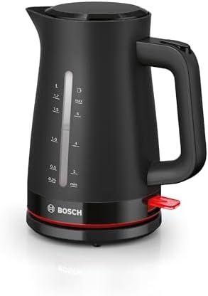 Bosch Bollitore Elettrico TWK3M123, Capacità 1.7 L, Spegnimento Automatico, Riscaldamento Rapido, Filtro Anticalcare Removibile, Indicatore Livello dell'Acqua Esterno, Facile da Pulire, Nero