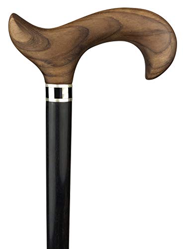 Bastón Derbygriff Casablanca, madera de teca pulida a mano y barnizada, bastón de madera de ébano, anillo de joyería con trabajo de inserción de nácar en ónice, aprox. 100 cm.