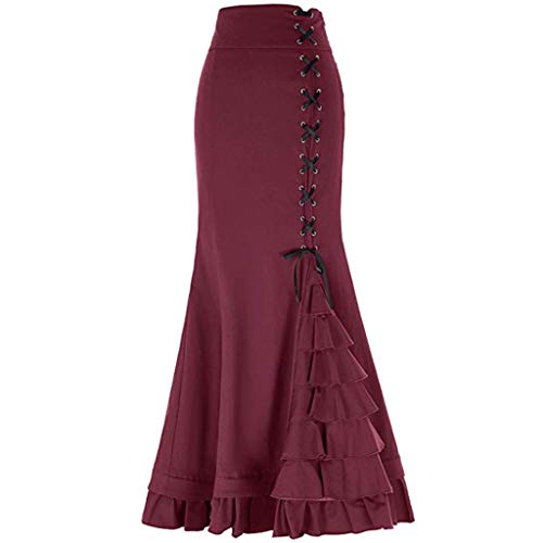 Conquro-falda de Cola de pez con Volantes Cintura Correas Falda Larga De Las Mujeres Vintage A-Line Falda Acampanada Cintura Alta Falda Larga Falda Midi Otoño Invierno (Vino # B, XXL)