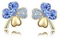 Wonvin Women Cubic Zirconia Four Clover Earrings Studs 18K Gold Color Blue