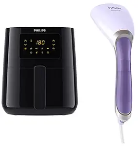 PHILIPS Digital Air Fryer HD9252/90 with Touch Panel, 7 Pre-set Menu, 1400W, 4.1 Liter, with Rapid Air Technology, Large & Handheld Garment Steamer GC360/30 - 1200 Watt, up to 22g/min