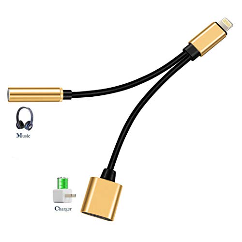 Xtra-Funky Adapter Compatible with iPhone 7/7s/8/8s/X/Xs/XR & Max & PLUS Models, 2 in 1 Headphone Jack Converter for Audio/Music Listening & Charging - Supports iOS 11/12 - Gold