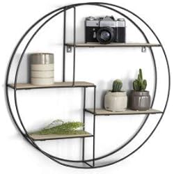 LIFA LIVING Ronda | Étagère Murale Bois et Métal Noir avec 4 Étagères | Etagere Murale Ronde Industrielle Vintage | Etagère Murale Cuisine | Ø55 cm x 11 x 55 cm