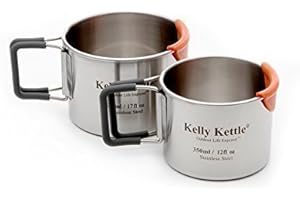 Kelly Kettle Camping Cup Set (350 & 500ml) 2 x Food Grade Stainless Steel | Single Walled | Silicone Coated Foldable Handles | CooLip™ Protects Lips from Burning