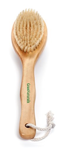 GranNaturals Natural Bristle Bath & Shower Body Scrub Brush for Exfoliating Dry Brushing and Anti Cellulite Reducing Massager Treatment with Long Wooden Handle