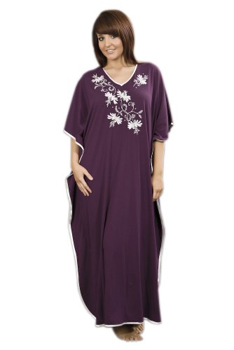 Jersey Embroidered One Size Satin Trim Kaftan in Purple