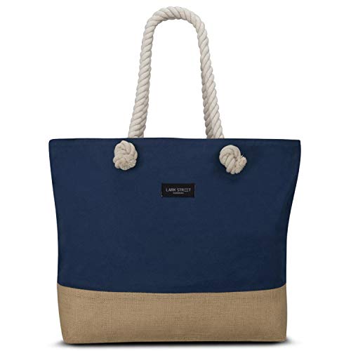 LARK STREET Bolso de Playa Azul Bolso de Viaje para Hombre y Mujer Hecho de Resistente Lona de Algodón y Yute - Bolsa para Nadar con Cómodas Asas Amplias - Gran Bolso Tote con Cremallera