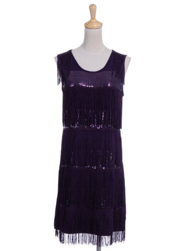 Anna-Kaci Womens Purple Sequin Flapper Fringe Tassel Scoop Neck Sleeveless Dress