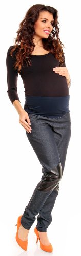 Zeta Ville Pregnancy Maternity Denim Trousers Pants Black Eco Leather Panels 070 (UK 16/18, Denim Blue)