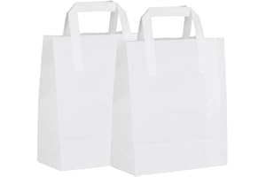 HOT BARGAINS White Paper Carrier Bags with Flat Handles, 50 Pack Small 19 x 8 x 25 cm, Recyclable Shopping Bags