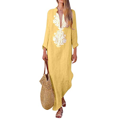 ABsolute Vestido Vestido de Manga Larga para Mujer, Largo Estampado con Cuello en V Vestido Largo Dobladillo con Estampado Kaftan