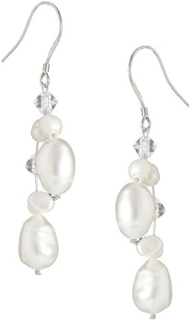 Lustrous - White Baroque Pearl Drop Earrings with Crystal on Silk Threads