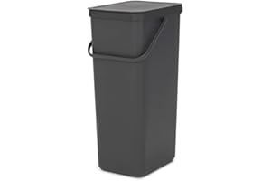 Brabantia Sort & Go Kosz na Śmieci 40 l (Szary), Pojemnik na Śmieci z Uchwytem do Przenoszenia, Zdejmowaną Pokrywą Stay Open, Łatwy do Czyszczenia Kosz Kuchenny bez Zakamarków i Krawędzi