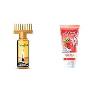 Indulekha Bhringa Hair Oil, 100ml And Lakme Blush & Glow Gel Face Wash, Strawberry Blast, 100g