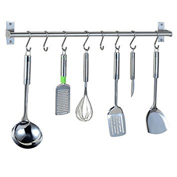 Alicemall Barre mural cuisine Support de rangement mural pour ustensiles de cuisine en inox(Ustensiles non inclus)avec 15 crochets mobiles Rail de suspension Barre de crédence Kitchen(80cm)